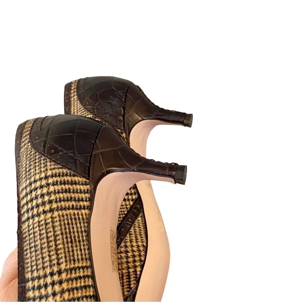 J. CREW Heels Leather Pointed Toe Crocodile Brown Plaid Women Size 8 NWOT